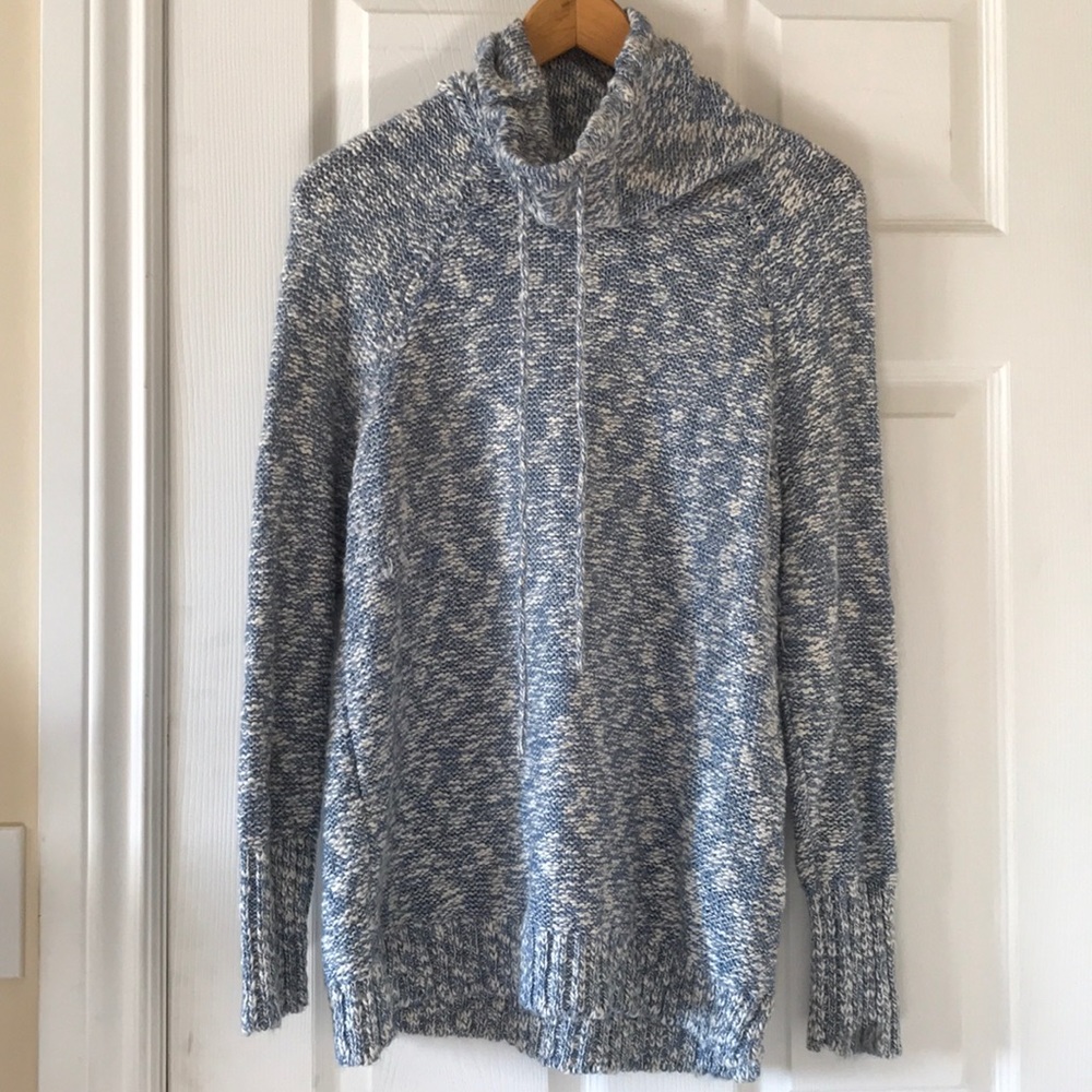 DAMAGED chaps blue marled mock neck top with tie